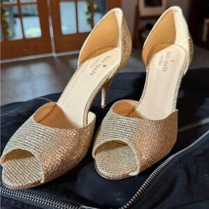 kate spade NY Gold Glitter Peep-Toe Stiletto Heels